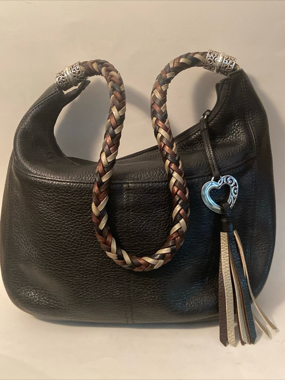 Brighton Barbados Black Leather Hobo Bag with Braided Handle Heart Tassel Charm
